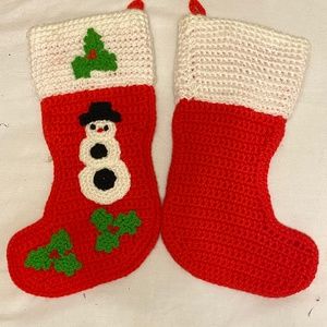 Vintage Hand Crocheted Snowman Christmas Stockings 13" x 8"